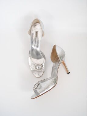 Manolo Blahnik Silver Snake D'Orsay Heels with Crystal Brooch